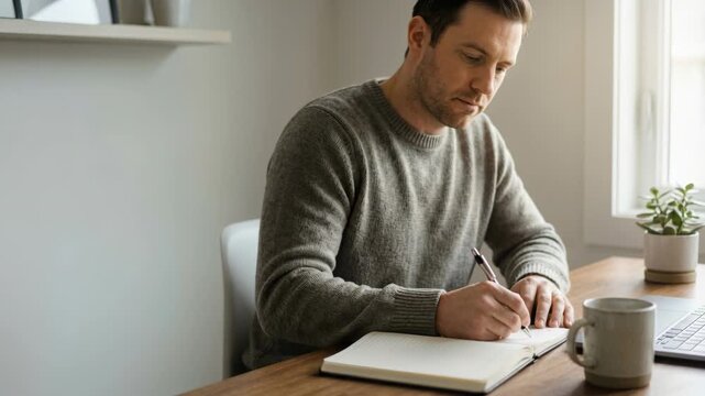 Caucasian man writing in notebook at desk. Focused individual taking notes or journaling at home office setup.