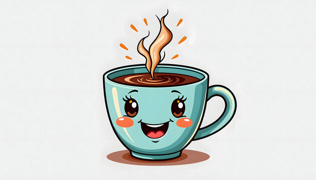 Logo. Icons. Cute cartoon coffee cup smiling with steam on a light background

