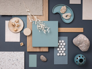 Coastal-Inspired Interior Design Mood Board with Earth Tones and Light Blue Accents, Natural Materials and Textures