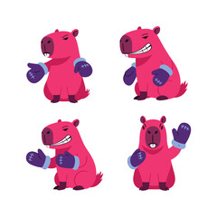 Cartoon capybara character in various poses with gloves on white background