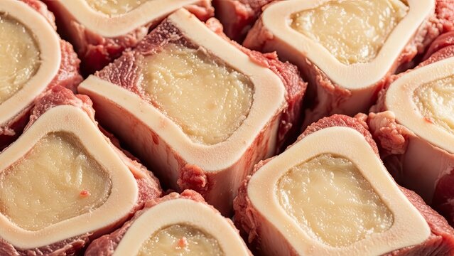 Close-up of raw beef marrow bones, revealing the rich, creamy interiors