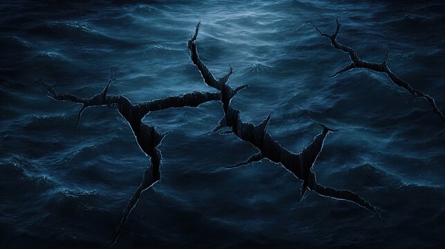 Deep blue ocean waves with glowing cracks beneath the surface, hinting at volcanic activity.