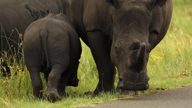 Mother with small baby. Rare Footage closeup portrait of White horn Rhino herd walking breeding in South Africa savannah. Safari national park. Wild exotic nature mammal animals in natural habitat.