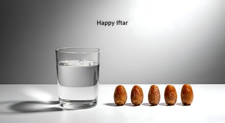 Glass of water and dates for breaking the fast (Iftar) during Ramadan, with soft lighting and a shadow effect.