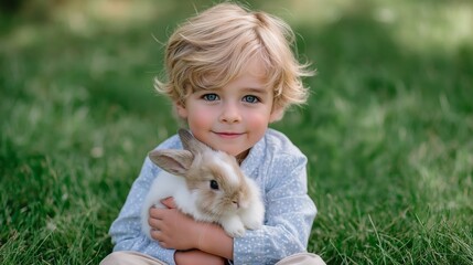 A young boy is holding a rabbit in his arms