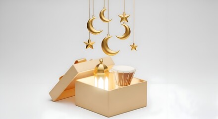 Open gift box revealing Islamic symbols like crescent moons, stars, a lantern, and a drum, celebrating Ramadan and Eid.