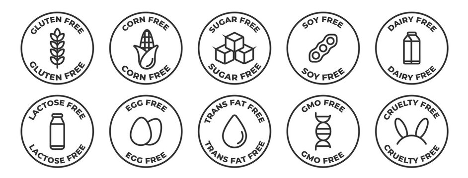 Allergen free icons set. Gluten, corn, sugar, soy, dairy, lactose, egg, trans fat, gmo, and cruelty free icon collection - Stock vector