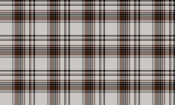 Seamless plaid fabric in grey, brown, white, and black. Classic, elegant, and contemporary design, suitable for fashion, apparel, graphic design, and all types of textiles.