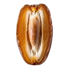 Close-up macro shot of a fresh date cut in half, revealing its sweet fibrous flesh and large central seed, isolated on white.