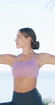 Roof, wellness and woman with balance, yoga and mindfulness with routine, calm and flexible at home. Stretching, person and workout for mental health, self care or fitness for inner peace and outdoor