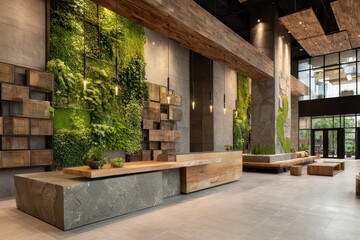Spacious, modern lobby with lush green walls and elegant wood-stone reception. Ideal for sustainable design, biophilic architecture, and eco-friendly spaces.