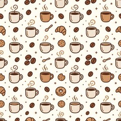 Fototapeta premium Seamless warm coffee icons pattern in cocoa brown on cream, square tile