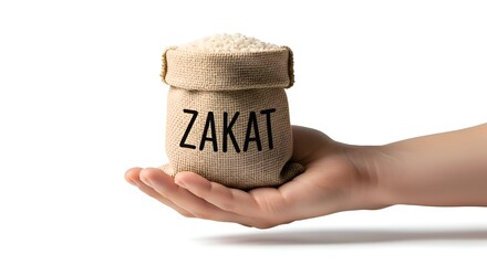 Hand Holding Sack of Rice Labeled ZAKAT, Islamic Charity and Giving Concept
