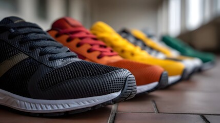 Fototapeta premium Close up view of a row of vibrant athletic running shoes with varying colors and a shallow depth of field