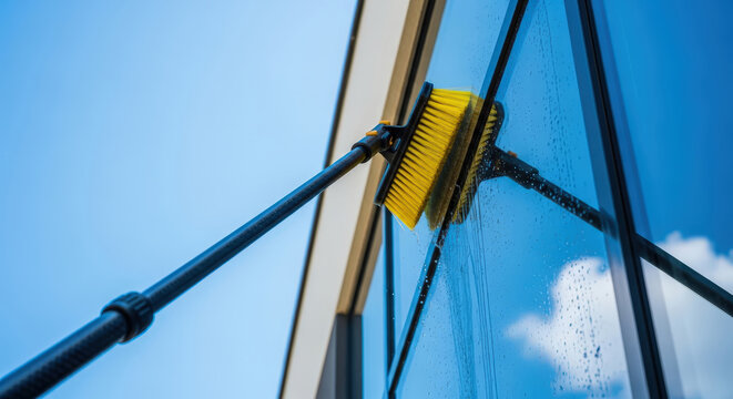 Yellow wash brush on a long pole cleaning a large glass window, concept for commercial cleaning service or springtime house maintenance.