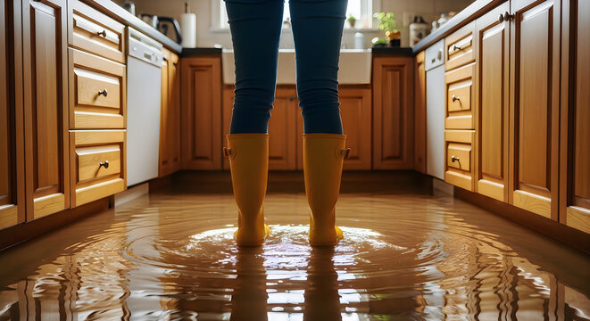 Person wearing yellow rain boots standing in flooded kitchen