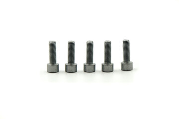 set of five silver colored socket head cap screws or Allen bolts commonly used in motorcycle assembly and customization.