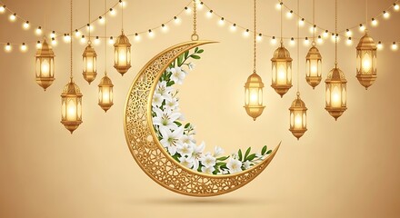 Elegant Ramadan Crescent Moon with Lanterns