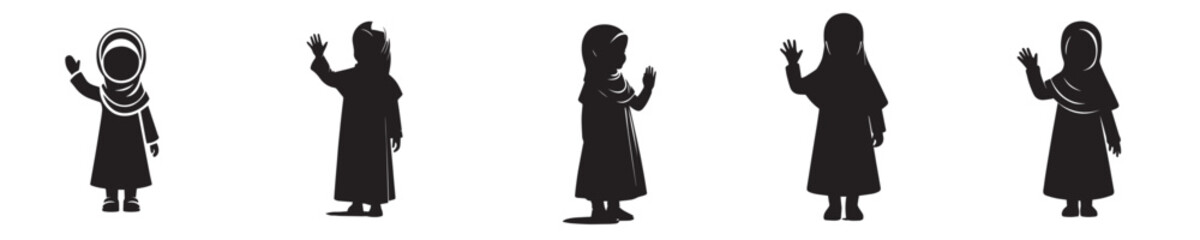 Obraz premium vector silhouette of a muslim little girl standing waving hand