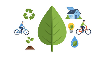 Green Lifestyle & Sustainable Earth Concept: Eco-friendly Icons for Environment Protection, Renewable Energy, Recycling, and Nature Conservation