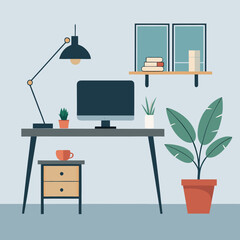 Fototapeta premium Modern home office setup with computer, lamp, and plants on a desk in a minimalist room with a shelf and blue walls, organized workspace.