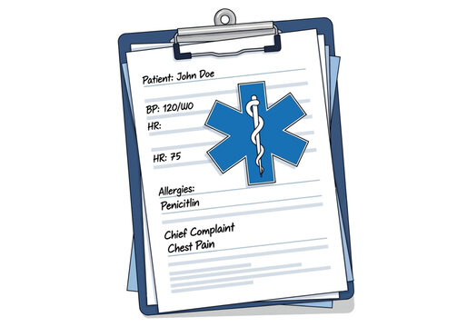 Medical Clipboard with Patient Information and Star of Life Symbol.