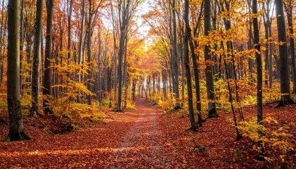 Obraz premium Autumn Forest Path with Vibrant Foliage for Nature Branding, Outdoor Inspiration, and Creative Visual Concepts