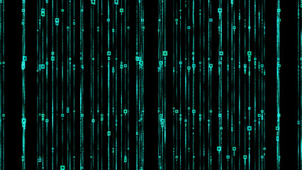 Intense beams of bright green light flow across a dark digital landscape
