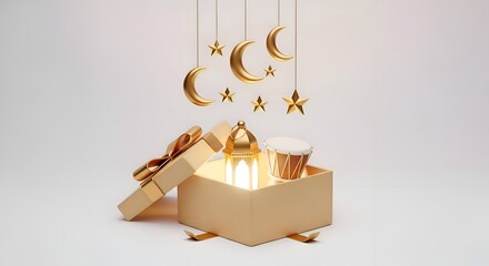 Open Golden Gift Box with Islamic Ramadan Symbols: Lantern, Drum, Moons, Stars