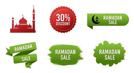Collection of six Ramadan sale and discount graphic elements, including mosque, percentage, and crescent moon icons