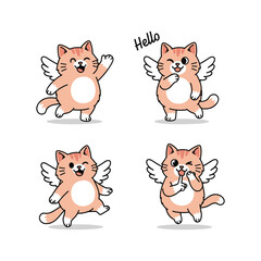 Obraz premium Cute cartoon orange cat with wings in different poses on white background