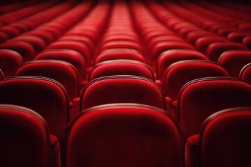 Obraz premium Red theater seats arranged in rows inside an empty auditorium with soft lighting and focus on the center chair for performance, audience, and entertainment venue.