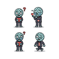 Zombie office worker in various emotional states with question marks