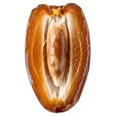 Macro shot of a Medjool date cut in half, revealing its seed and juicy flesh, isolated on white