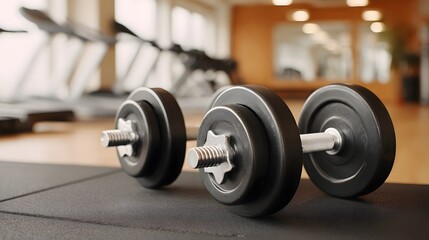 Fototapeta premium Adjustable dumbbells rest on a black rubber mat in a bright modern gym setting