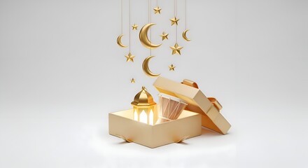 Golden gift box opens to reveal Ramadan symbols like a lantern, drum, and crescent moon and stars