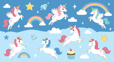 Obraz premium A magical seamless pattern of cute unicorns and pegasus flying through a blue sky with rainbows, clouds, and stars.