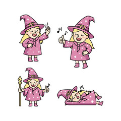 Cartoon witch set dancing and relaxing with magic wand in pink dress and hat