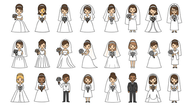 A large and diverse collection of cute cartoon characters for weddings, including various brides, grooms, and couples.