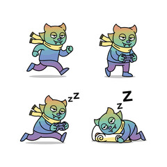 Cartoon cat in various active and resting poses with cape, isolated on white background