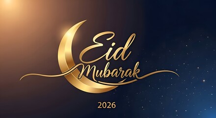 Elegant Eid Mubarak greeting banner with a golden crescent moon and modern script on a dark starry background