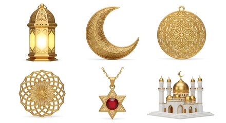 Collection of golden Islamic decorative elements including a lantern, crescent moon, mandala, star necklace, and mosque, perfect for Ramadan and Eid celebrations.