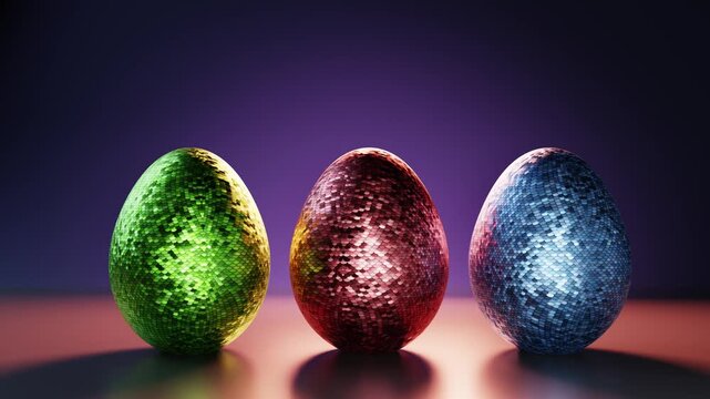 Three sparkling Easter eggs covered in sequins slowly rotate on a purple background in a seamless loop.