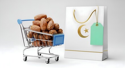 Miniature shopping cart filled with dates next to a shopping bag with the Algerian flag motif and a green tag, symbolizing Ramadan grocery shopping and promotions.