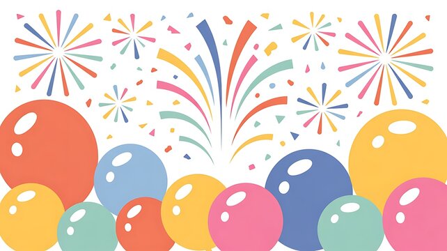 celebration flat vector illustration: festive elements (fogo de artif&iacute;cio, confetes, bal&otilde;es), bright cheerful palette, simple shapes, scalable vector, ideal para cart&otilde;es, posts e banners sazonais