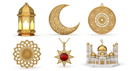 Set of six golden Islamic ornamental elements: a traditional lantern, crescent moon, intricate mandala, star pendant, and a mosque with minarets.