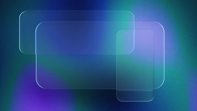 Floating transparent glass panels with rounded corners on a blurred, grainy, colorful moving background. Seamless loop.
