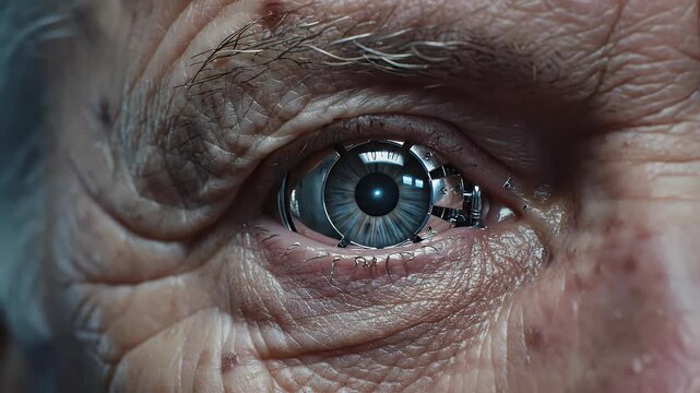 Extreme close-up of an aged eye replaced with a complex cybernetic implant and laser targeting system