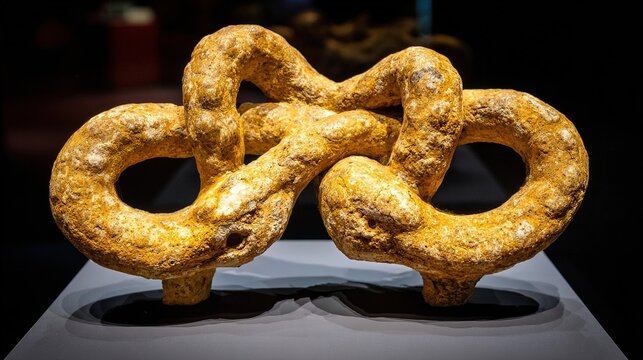 A fossilized two-headed serpent emerging dramatically from stone under museum lighting, evoking ancient mysteries.