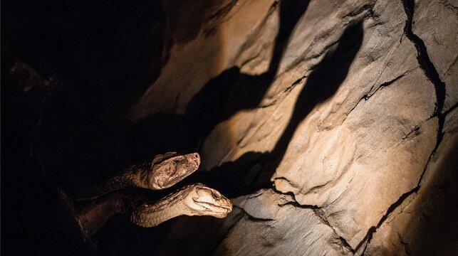 A fossilized two-headed serpent emerging dramatically from stone under museum lighting, evoking ancient mysteries.